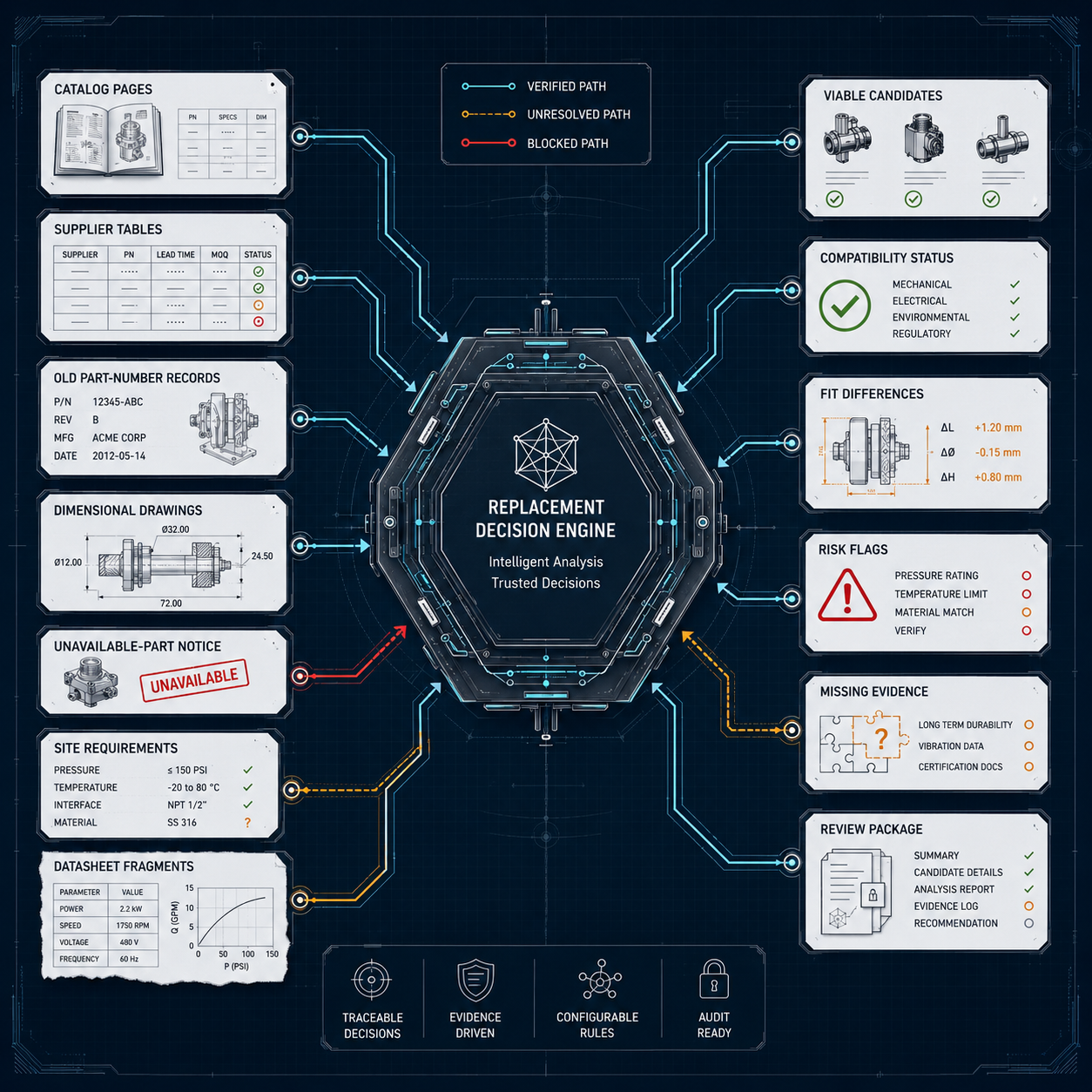 Technical decision map showing fragmented replacement data becoming structured compatibility review outputs