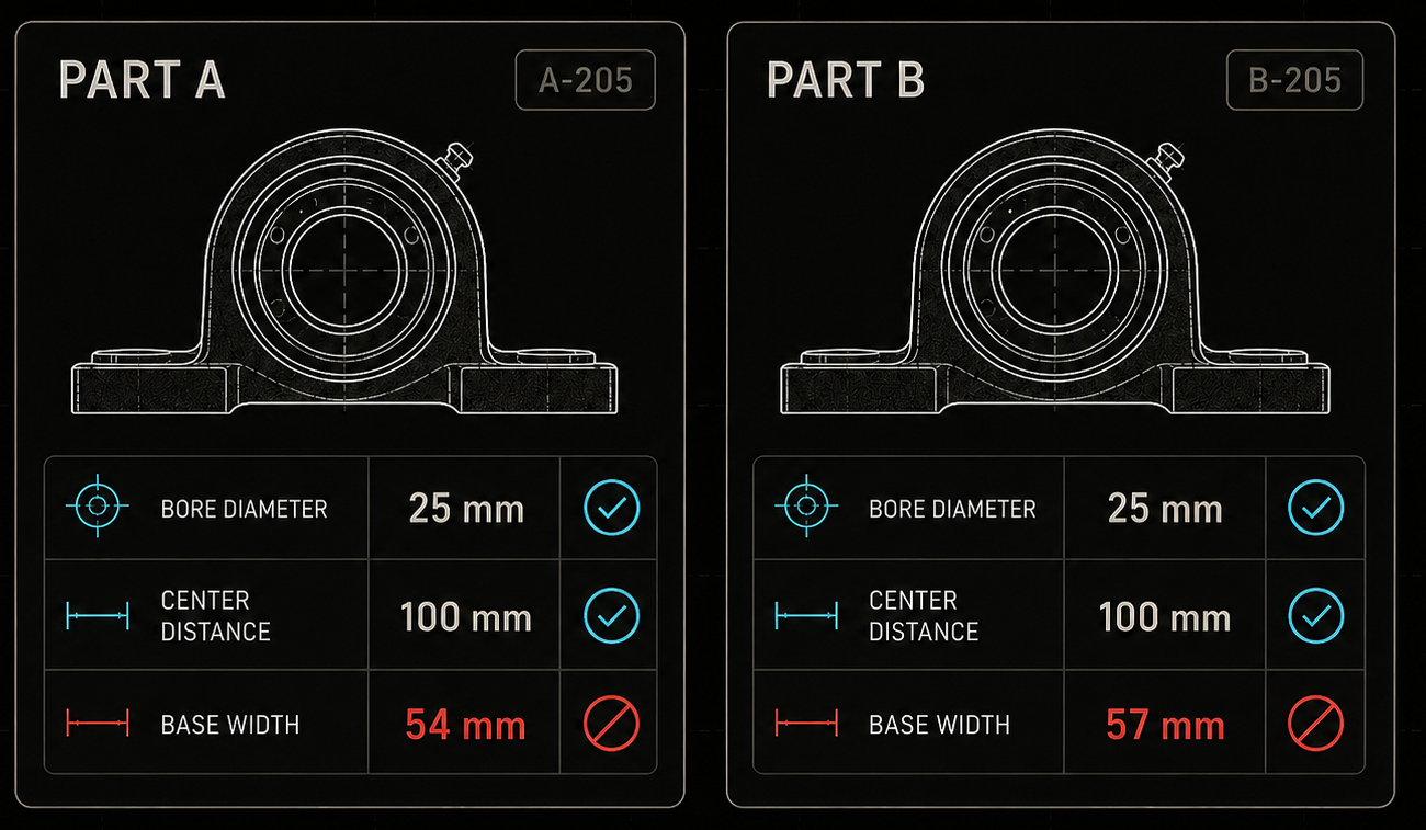 Technical comparison showing similar parts failing a fit-critical compatibility field