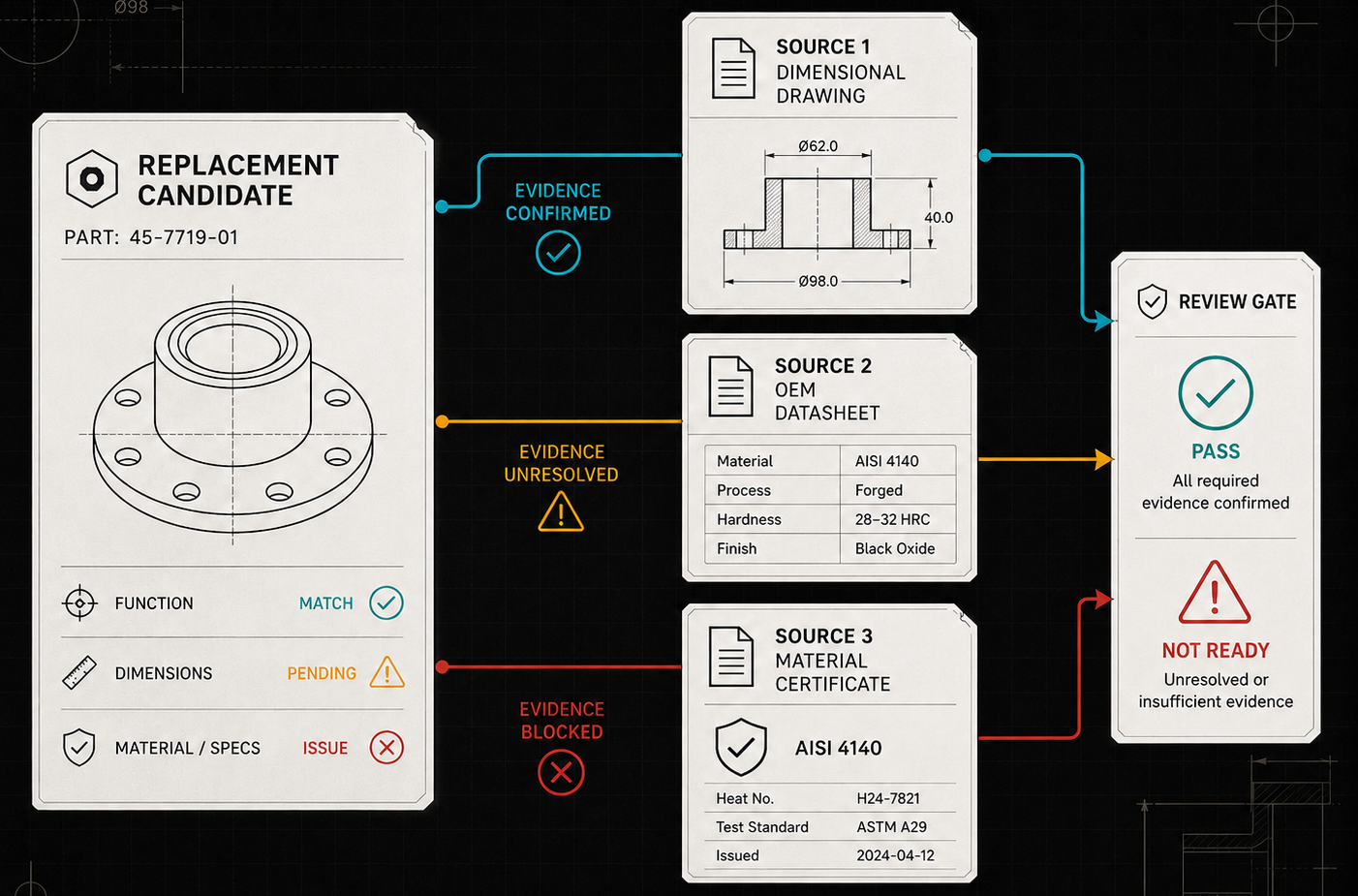 Engineering approval trail connecting a replacement candidate to supporting evidence sources